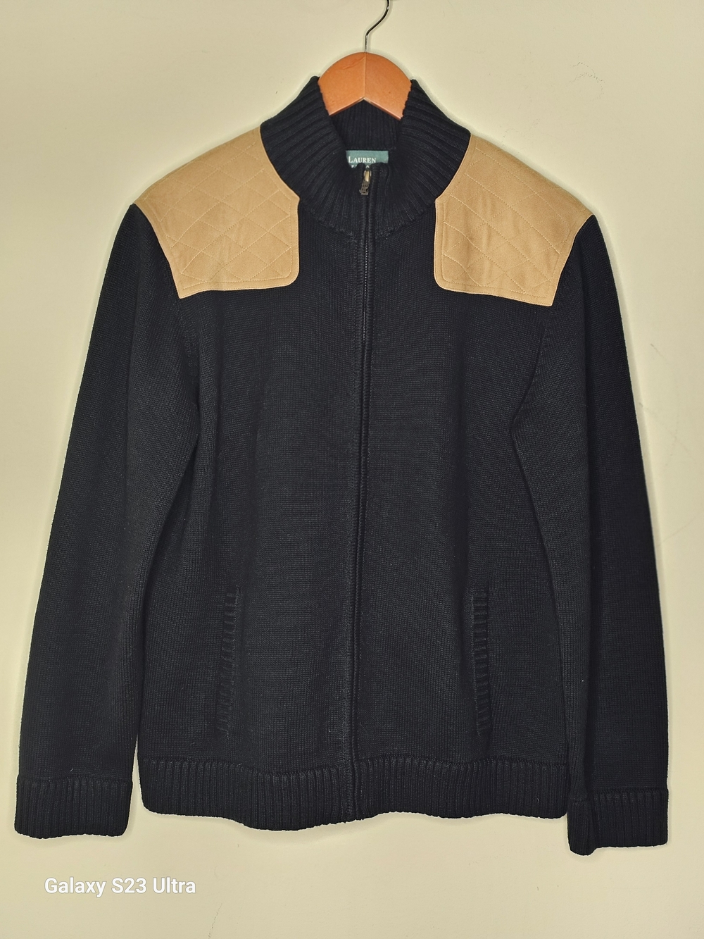 Lauren Ralph Lauren Vintage Black Zip-Up Sweater with Tan Shoulder Panels